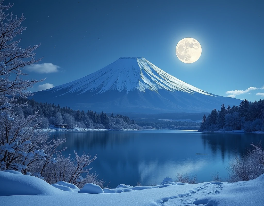 Snow Scenery, Mt. Fuji, lake, full moon, light snow,