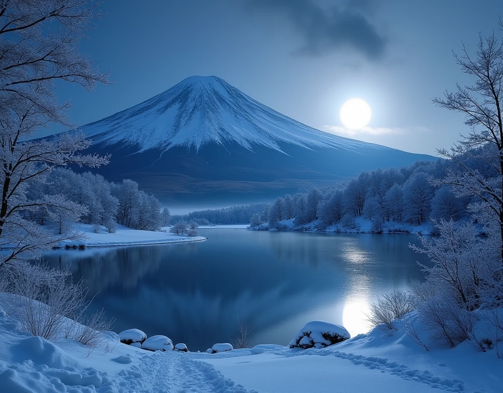 Snow Scenery, Mt. Fuji, lake, full moon, light snow,