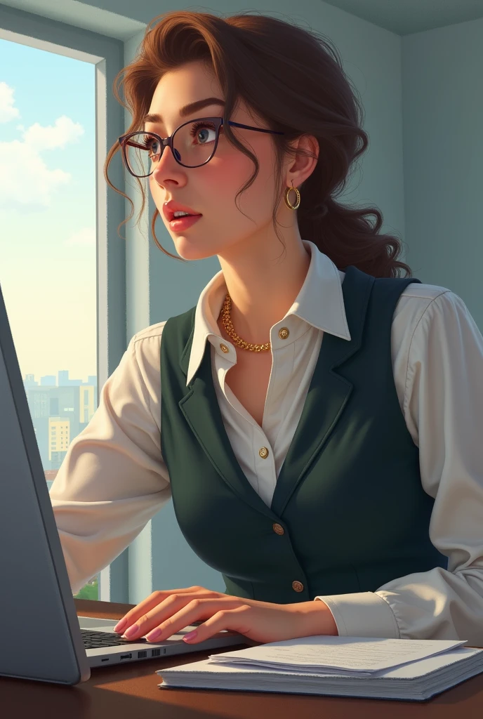 Office lady using generative AI、Image size is 1200px wide and 628px high.