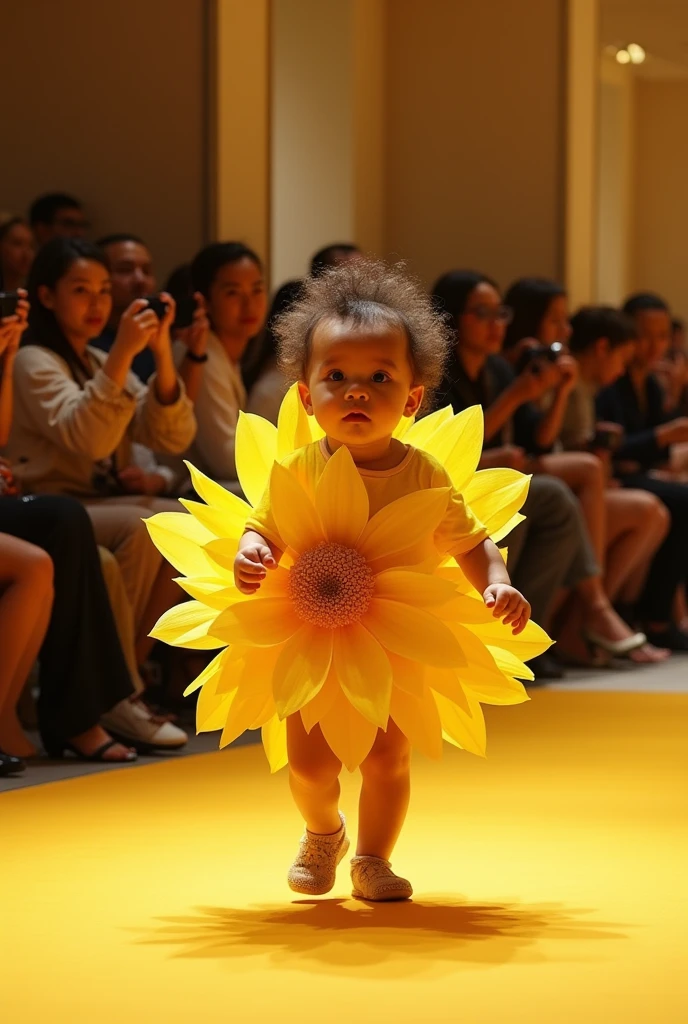 k, full body, A walking yellowflower costume baAn audience taking photos and clapping., bright fashion showroom, seated audience, diagonal shot --v 6.1