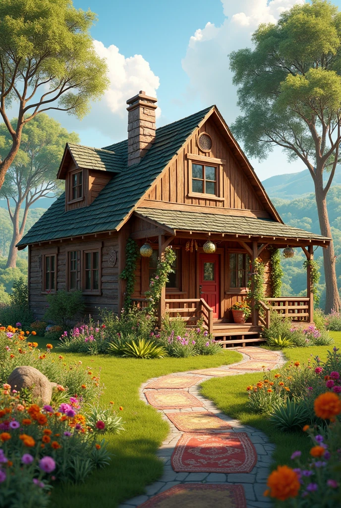 Boho style country house with colorful nature