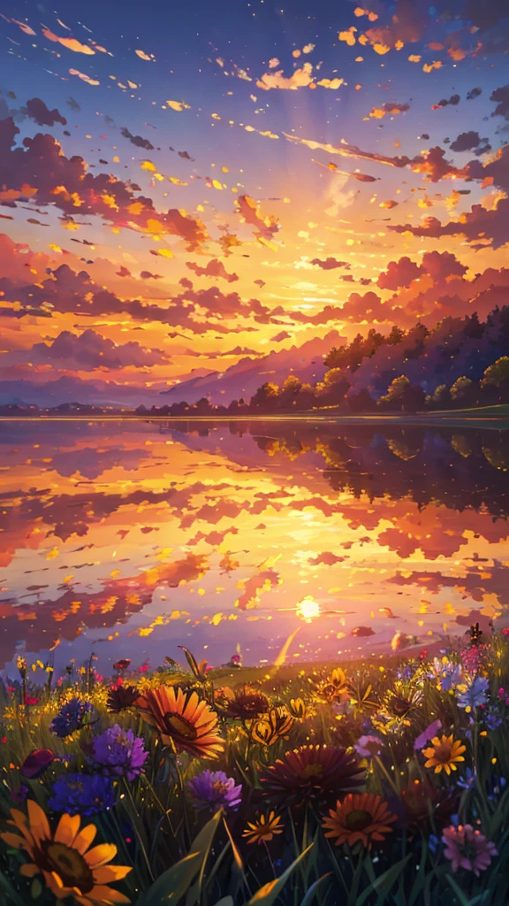 (best quality,highres,masterpiece:1.2),ultra-detailed,realistic:1.37,a beautiful image,a field of flowers,a sunset view,low angle view,focus on flowers and grass,sunset colors,vibrant colors,warm tones,soft lighting,subtle shadows,paint-like rendering,impressionistic style,field of wildflowers,waving grass,peaceful atmosphere,sunset glow,serene ambiance,tranquil setting,immersive perspective,nature beauty,breathtaking scene.
