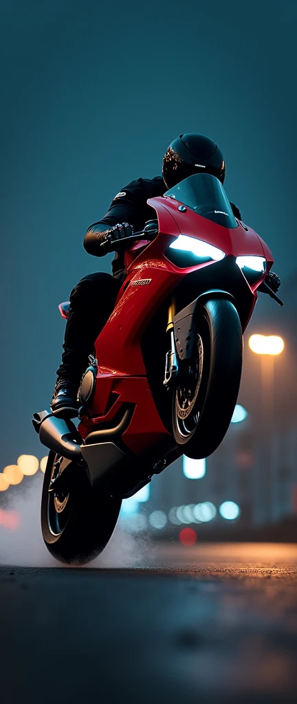 Ducati panigale V4 wheelie in night , side view
