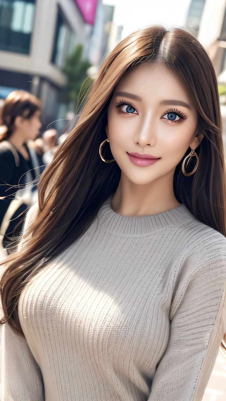 (Cowboy Shot、Highest quality、8k、Award-winning works、Ultra-high resolution)、One beautiful woman、(perfection, The most natural grey long sleeve sweater:1.1)、(bionde:1.1)、Bright color contacts、perfection Makeup、Bright and shiny lipstick、(Very heavy makeup:1.2)、(Deep pink around the eyes:1.1)、Beautiful bright eyeshadow、Heavy makeup around the eyes、(Big Breasts:1.2)、Wavy semi-long hair、(Romantic affection:1.1)、The best smile he had when he saw me、(Many of them emphasize the body line...:1.1)、(Strongly blurred vibrant Harajuku city background:1.1)、(Strongly blurred background:1.1)、Accurate anatomy、Ultra HD Hair、(Ultra-high resolutionのperfectionな美しい歯:1.1)、Ultra-high definition beauty face、Ultra HD Hair、Ultra HD Shining Eyes、Shining, Ultra-high resolution beautiful skin、Ultra-high resolutionの艶やかな唇
