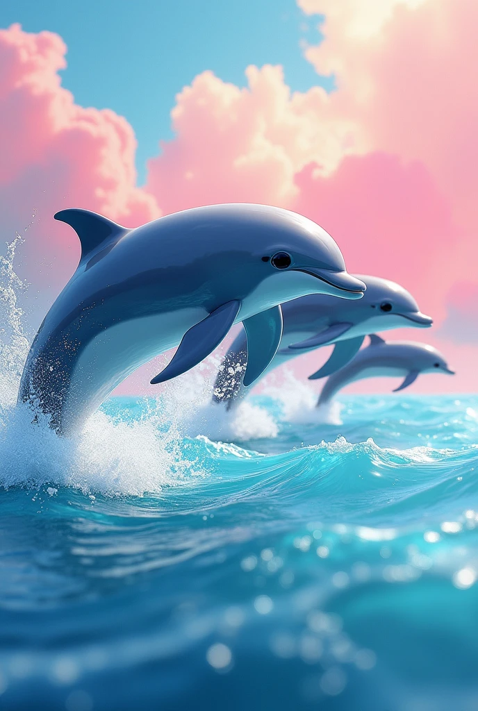 Dolphins swimming from water with colourful aesthetic beautiful indie preppy background