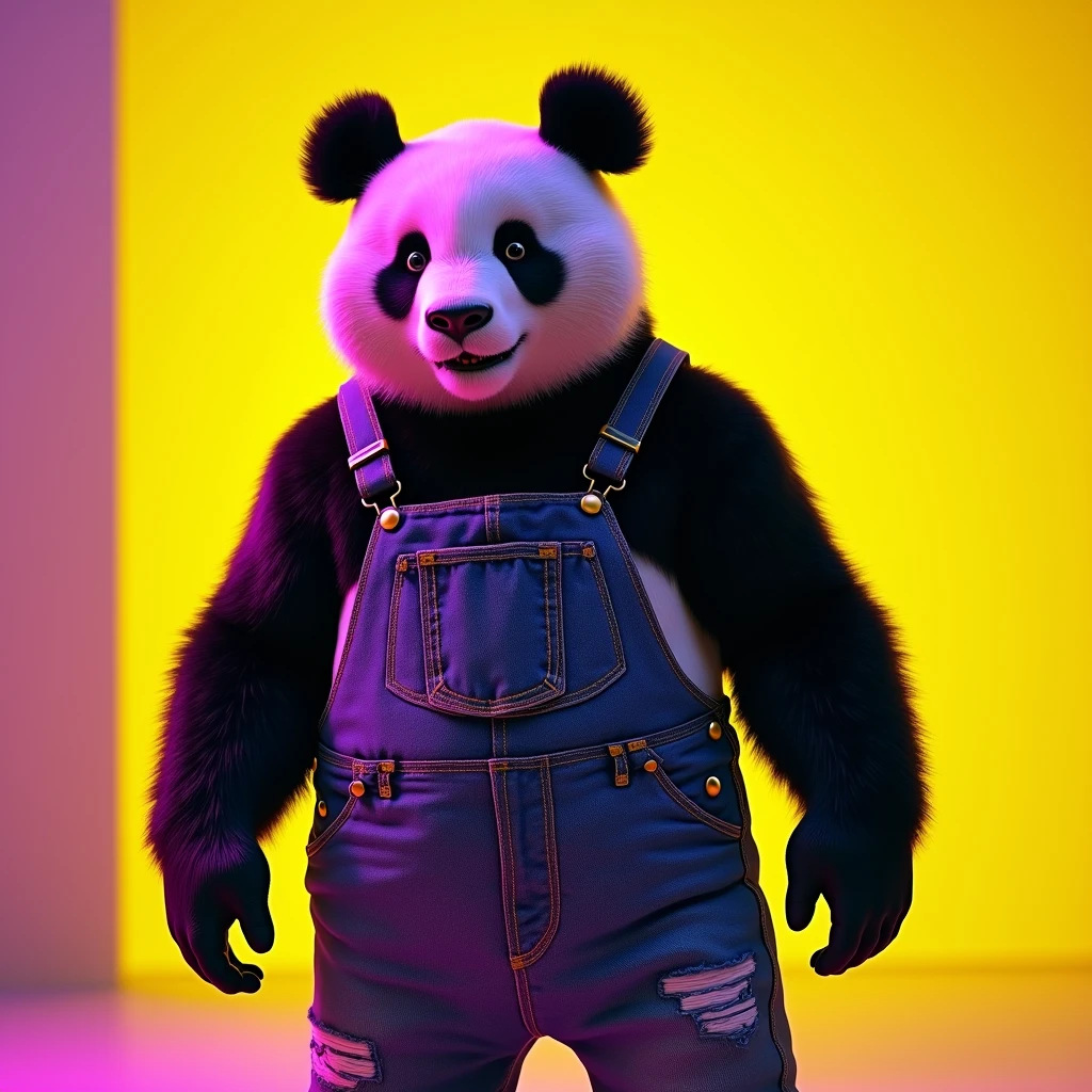 an panda with Jeans overalls, Intense neo dark yellow and purple background