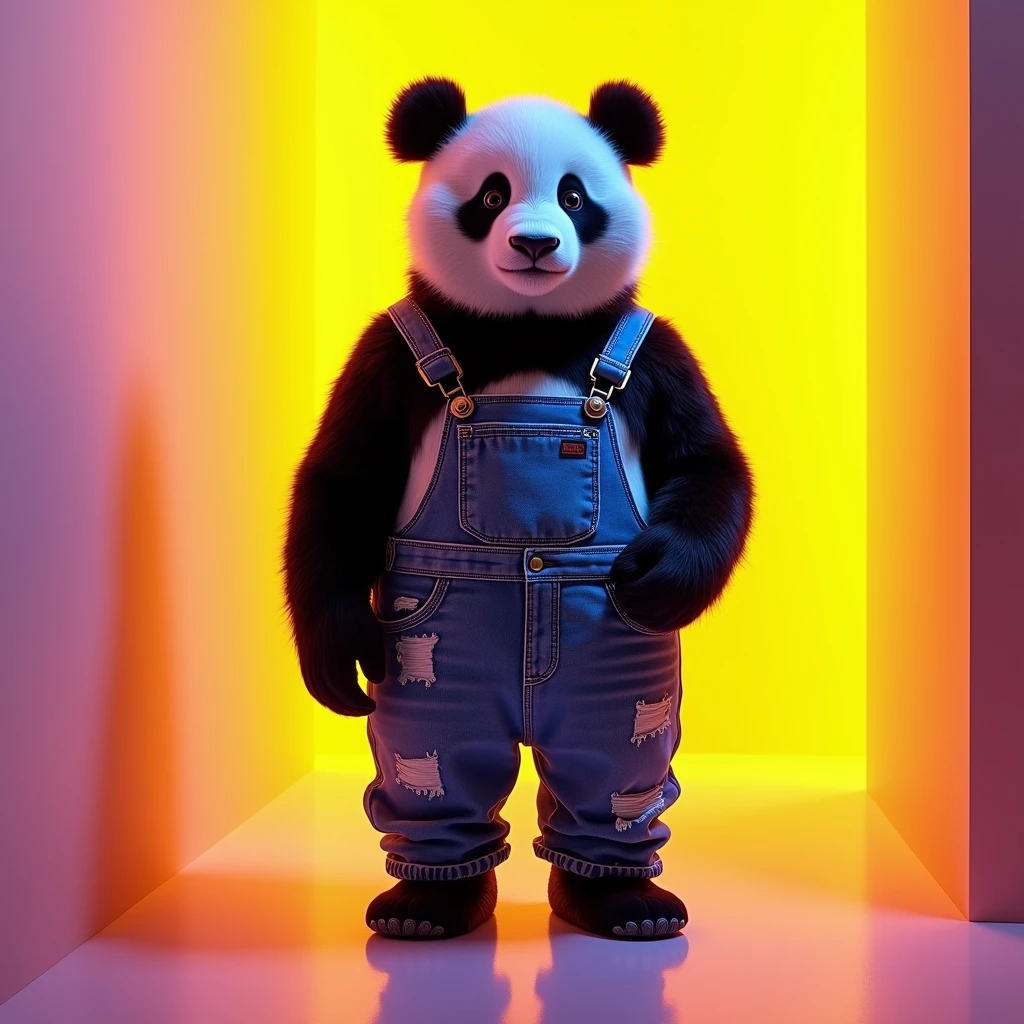an panda with Jeans overalls, Intense neo dark yellow and purple background