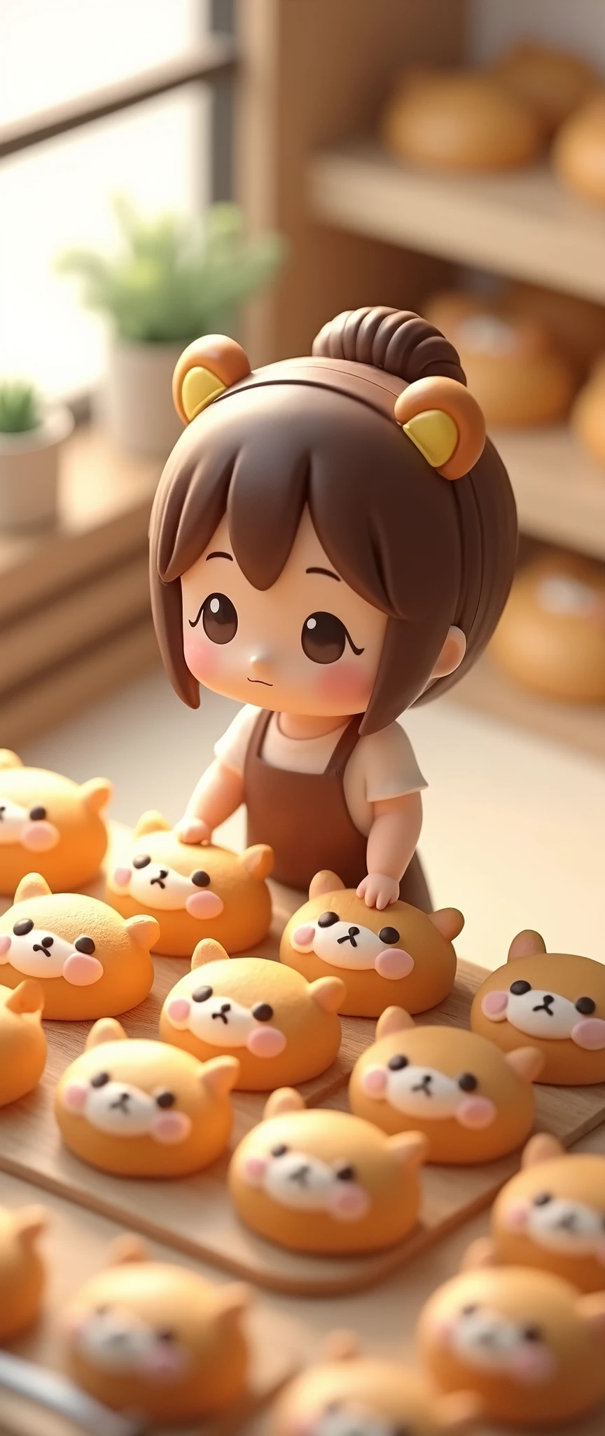 (masterpiece:1.2, Highest quality,Ultra-high resolution,Super detailed),8k,(wallpaper),(Photorealistic:2.0),(RAW Photos:2.0),(Plastic Models:2.0),(Cute chibi woman working in a bakery:2.0),(The bakery has々A square arrangement of bread featuring small calico cat characters with relaxed expressions in the style of Rilakkuma.,Bakery Shop,Very simple design),(Isometric 3D diorama),Matte Paint