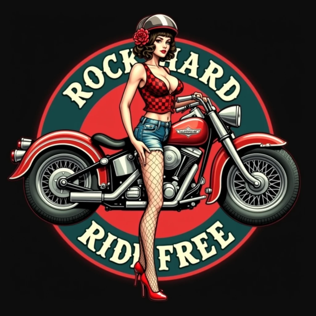 Pin-up girl in a motorcycle helmet on an old school motorcycle, in red shoes, in fishnet stockings, in a red, sleeveless, checked shirt with an open bust, in denim short shorts, red rose in hair. In the style of old school tattoo. Eldstudio89.