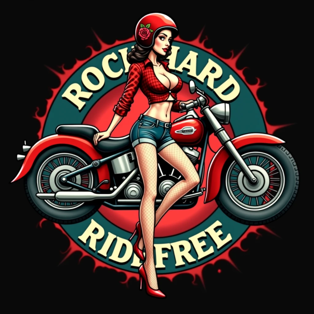 Pin-up girl brunette in motorcycle helmet on old school motorcycle, in red shoes, in fishnet stockings, in a red, sleeveless, checked shirt with an open bust, in denim short shorts, red rose in hair. In the style of old school tattoo. Eldstudio89 in the circle of words: ROCK HARD RIDE FREE 