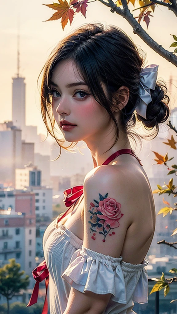 (8k, Highest quality, masterpiece:1.2),(Highest quality:1.2), (Ultra-high resolution:1.0), watercolor, Beautiful woman, shoulder, Hair Ribbon, Agnes Cecil, Half Body Portrait, Very bright and luminous design, pastel colour, (ink:1.3), Autumn Light,