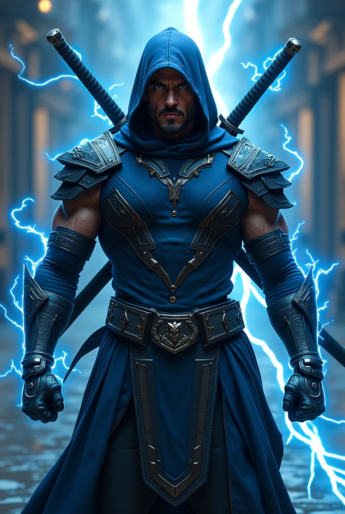 Ninja with two swords on his back with suit of metal of blue color with black with strong muscle body with lighting of blue color on sword and suit without mask and with face of Robert Downey Jr