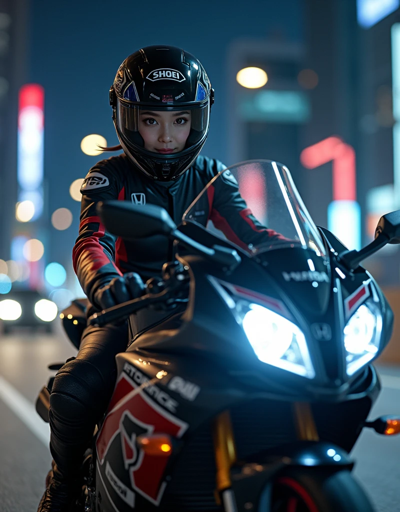 ultra-realistic, photorealistic, dramatic scene, shadow, global-illumination, beautiful Japanese idol girl, Riding on a super cool sport motorcycle, at highway in metropolitan at night, high speed, dramatic scene, masterpiece, face focus, clear helmet visor, beautiful eyes, Honda bike, Shoei helmet, professional racer's outfits, A gesture of good luck, shoot from side, (face focus, close up to her beautiful face:1.6)