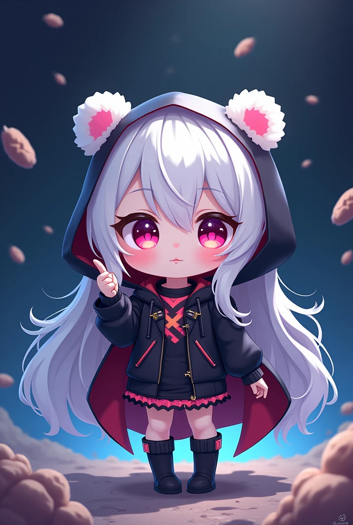Chibi,cute,간단한 ship경,1 woman, alone, looking for_~to_viewer, open_mouth,, long_Sleeve, jacket, saturated_body, White_short hair, Boots, Hood, Chibi, Black color_footwear, Black color_jacket, Black color_eye, colo red_skin, Hooded_jacket, Cloak, Abyss_ship, performance, Hood_consolation, White_skin, 곰 White 귀,