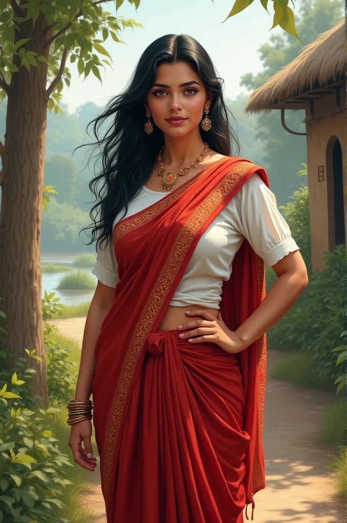 "A beautiful Bengali woman, middle-aged, with black hair, wearing a white blouse and a red sari, with skin as fair as milk, large breasts, attractive hips, and a slightly plump figure, standing proudly. In the background is a timeless rural Bengali scene."