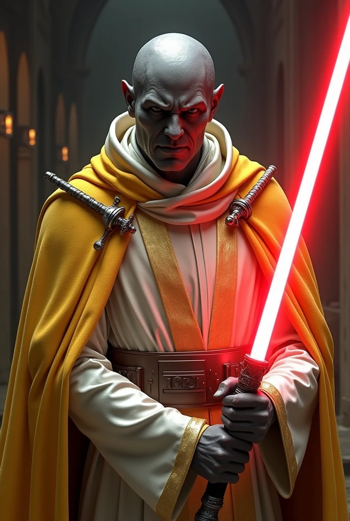 The country Vatican City as a Sith Lord from Star Wars, priest, angular grey face, swords on Cape, yellow and white, red lightsaber, agressive, frightening, ultra-realistic