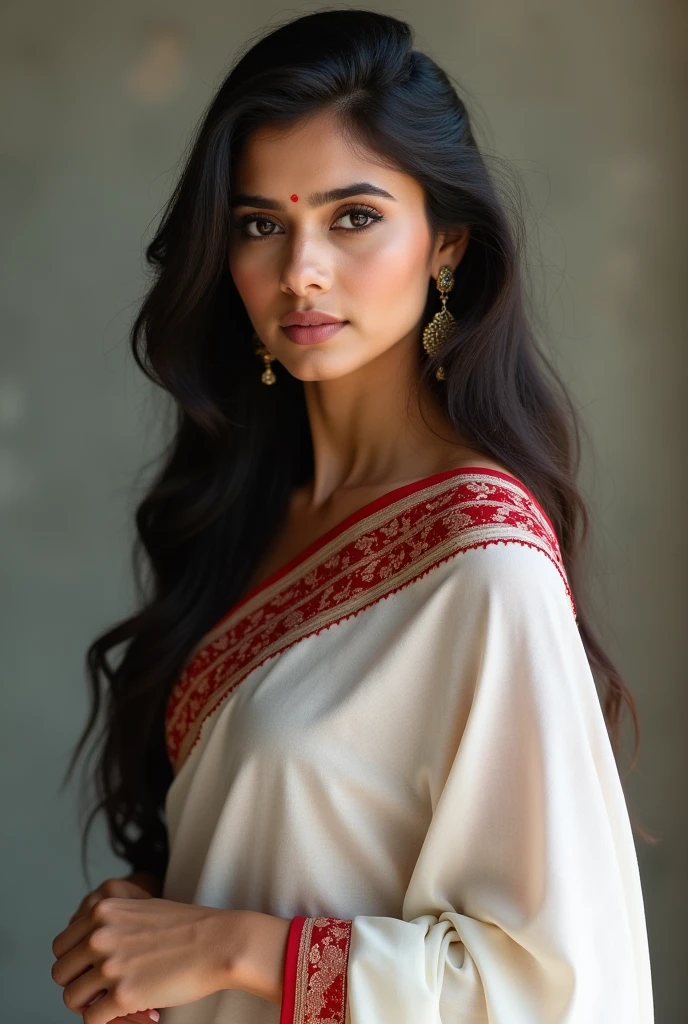 Indian beautiful girl wearing red border white saree 