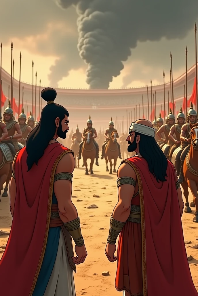 Generate in cinemetic 3d cartoon**Warrior Display:** "A close-up scene of Duryodhana and Dronacharya on the battlefield. Duryodhana is showcasing the might of the Pandava army, with a detailed view of armored warriors, chariots, and horses. The strategic formation of the Pandava forces is evident."