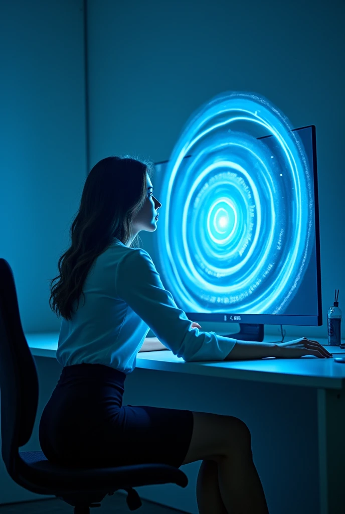 A sexy beautiful girls, white shirt, pencil skirt, work in office and look the screen of computers and her computer screen displayed a hypnotic glowing blue spiral and the woman's eyes appeared blue spirals as she looked at her computer screen and her became very hypnotized while looking at his computer screen and her was deeply hypnotized and his eyes turned into blue spirals then his face got closer to the screen then his face got closer to his screen with his eyes becoming blue spirals then he was very fascinated by the screen then her was so fascinated by the screen that her kissed the computer screen with his eyes turning into blue spirals until her droolled her was crazy about the blue spiral and her stood up from his chair and bent over while looking at his computer screen, the sexy woman's hand was holding the computer screen the (her prostrated himself in front of his computer screen) computer in the middle, sexy women are hypnotized and worship him, This sexy woman is very obedient to her computer, her stand up