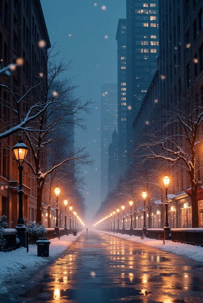 Christmas night, rain turning to snow, snowfall illuminating the city lights, Holy Night,