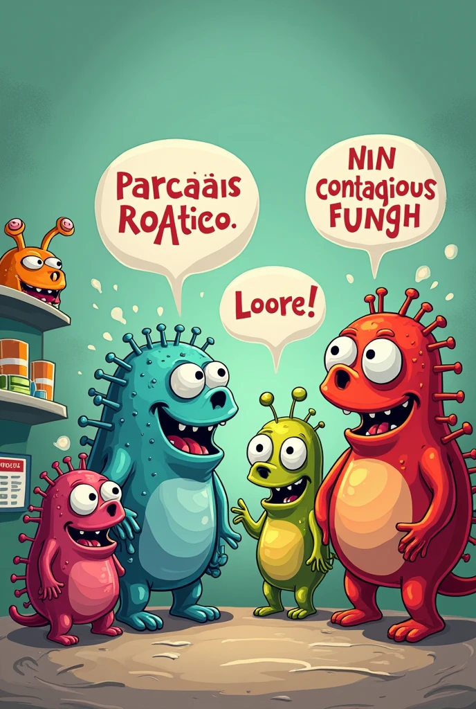 Contagious and non-contagious diseases speaking in a caricatured way but several diseases such as HIV, human papilloma etc. who are sitting there talking, but the cartoons are the viruses, bacteria and fungi that speak with eyes and mouth to give more interaction