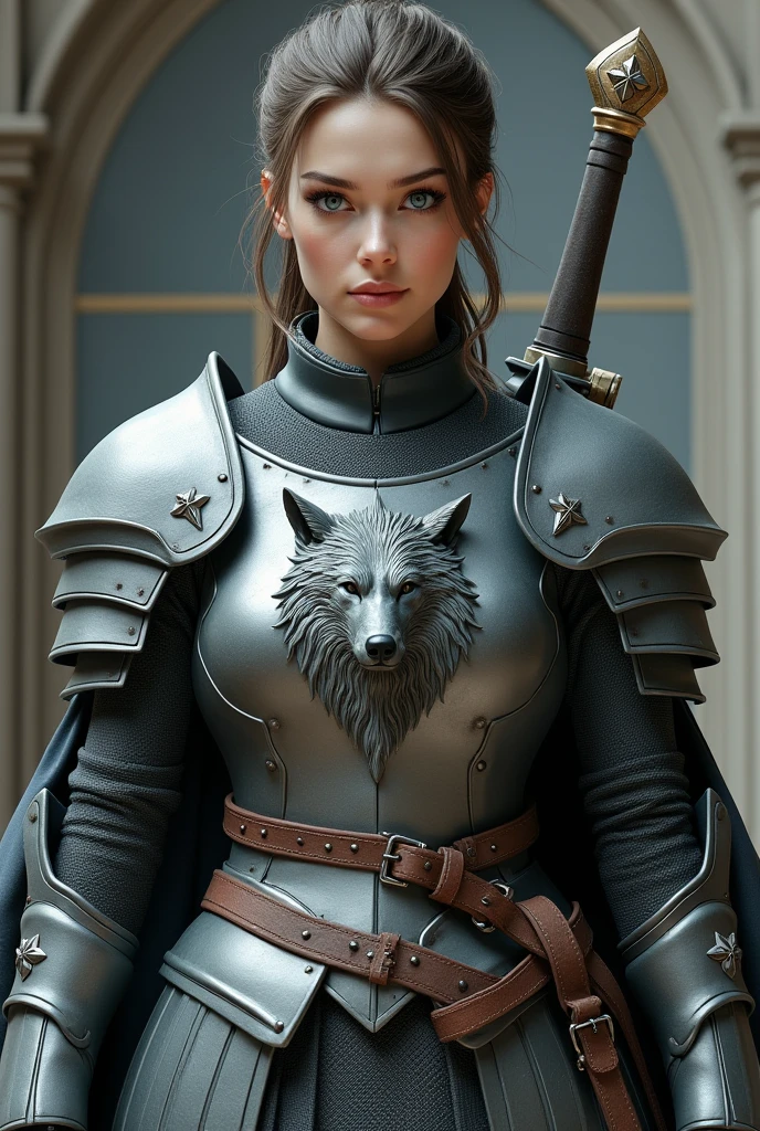 (photorealism:1.2) A women 1.55 m tall, with short brown hair from the shoulders and tied, eyes of ice color. She wears grey armour embroidered with a wolf's head crest and carries a large embroidered sword on her right hip.