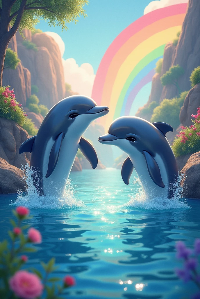 Dolphins swimming from water with colourful aesthetic beautiful indie preppy background with a rainbow