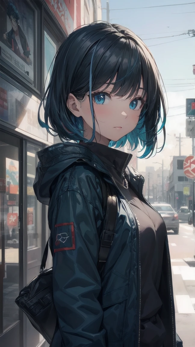 Anime character with gun and black jacket, artwork in the style of Gwaiz, Anime Style 4k yen, Gwaiz, Anime Style. 8k, Gwaiz on artstation pixiv, Gwaiz on pixiv artstation, Ilya Kuvshinov. 4k yen, 4k anime wallpaper, Cyberpunk anime, High quality anime art style, Jinx Face, Wolf Cut, short hair, hot pants, Small breasts, ((Black Hair, Inner bright blue hair:1.4)), Pitch Resuit, rubber ,Nipples, tits, R18, Nipple piercing, Slanted Eyes, Ahegao