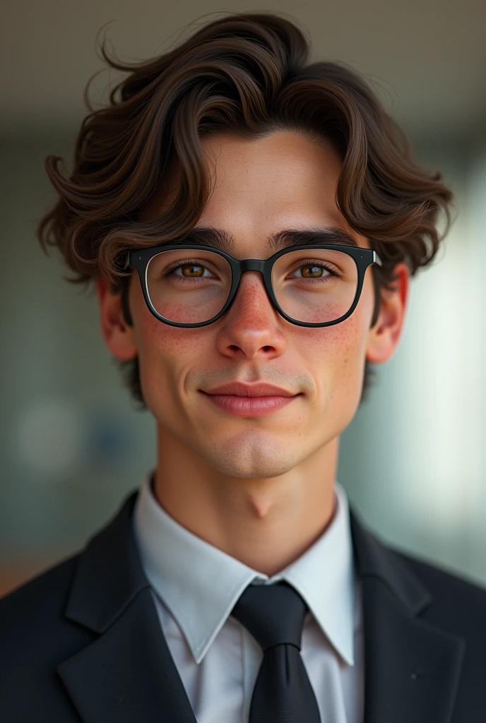 Man 20 years old handsome wavy brown hair freckles dressed in full body suits glasses realistic