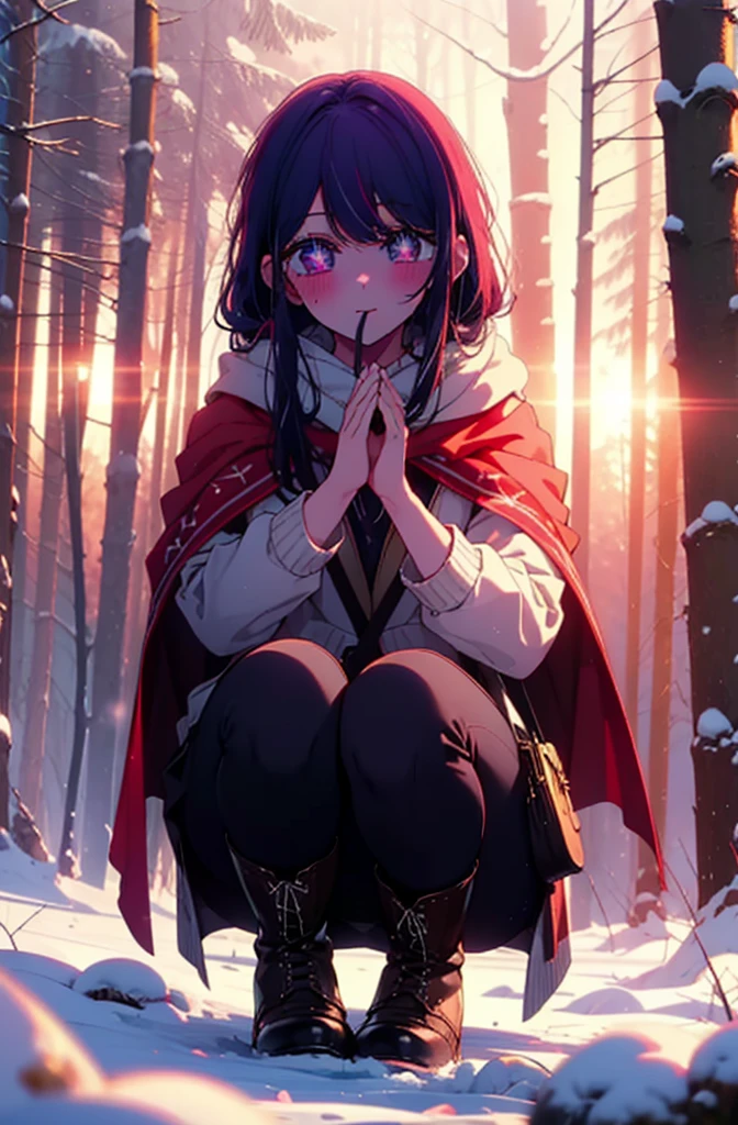 aihoshino, Ai Hoshino, Long Hair, bangs, (Purple eyes:1.1), Purple Hair, (Symbol-shaped pupil:1.5), smile,,smile,blush,white breath,
Open your mouth,snow,Ground bonfire, Outdoor, boots, snowing, From the side, wood, suitcase, Cape, Blurred, , forest, White handbag, nature,  Squat, Mouth closed, Cape, winter, Written boundary depth, Black shoes, red Cape break looking at viewer, Upper Body, whole body, break Outdoor, forest, nature, break (masterpiece:1.2), Highest quality, High resolution, unity 8k wallpaper, (shape:0.8), (Beautiful and beautiful eyes:1.6), Highly detailed face, Perfect lighting, Extremely detailed CG, (Perfect hands, Perfect Anatomy),