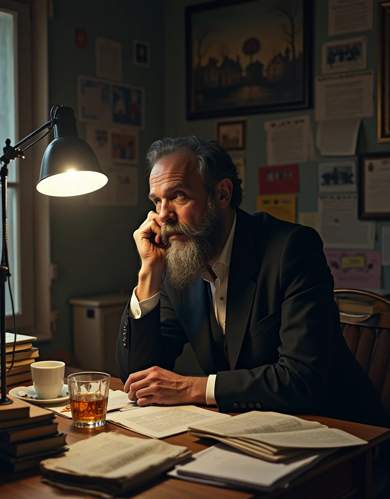 Dostoyevsky's broken underground man, the nihilistic existential man, in a squalid boarding room, coffee, whisky, cluttered room, books, papers,