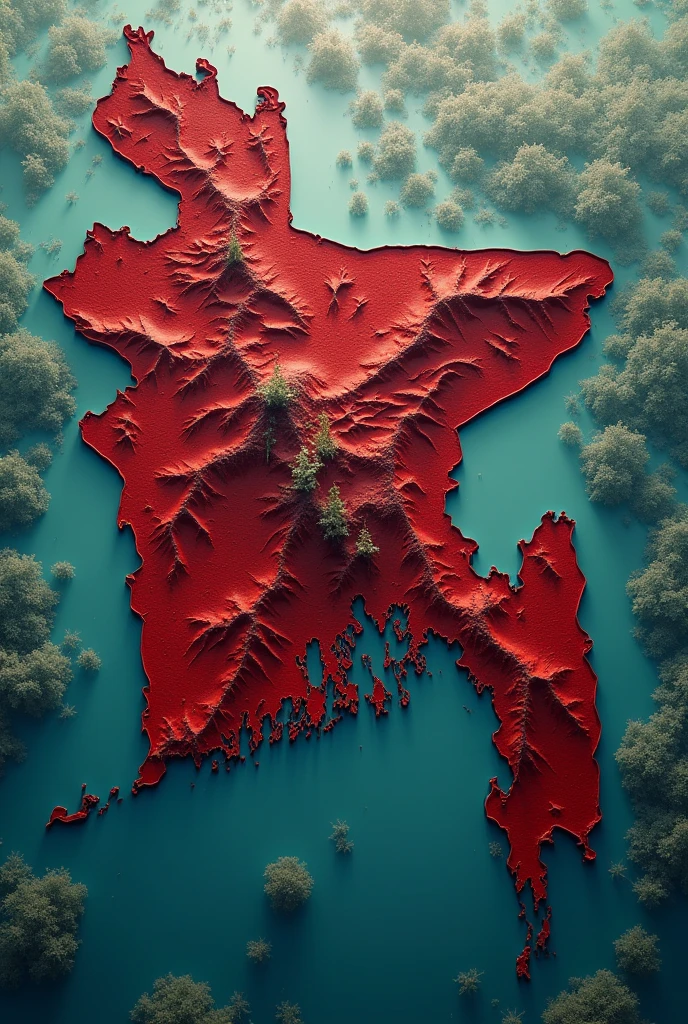 draw a Bangladeshi map that is flooded with water
and mark it as the red areas like Cumilla,nowakhali ,feni, and Chittagong