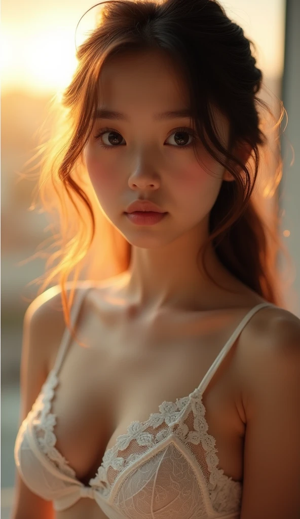 raw photo, ung girl, kawaii, brown eyes, unique, individual, distinctive face, extremely detailed eye and face, fair skin, lace cute bra, beautiful breasts, upper body, (Best Quality, highly detailed:1.2) High-definition raw color photos, professional photograpy, Realistic portrait, sunset shining through the window, breathtaking beauty,