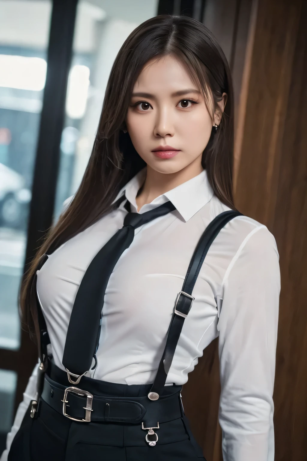 a woman in a suit, belt, hands behind back, sweating, suspenders, black pants, sexly, large breasts, see-through clothing, rain, detective, office worker, white button-up shirt, (best quality,4K,8k,highres,masterpiece:1.2),ultra-detailed,(realistic,photorealistic,photo-realistic:1.37),hyper-detailed,highly detailed face and body, Slender　thin　suspenders　Moderate breasts　See-through shirt　Nipples　holster　chain　Pistol　Armament　criminal　Female criminal　knife