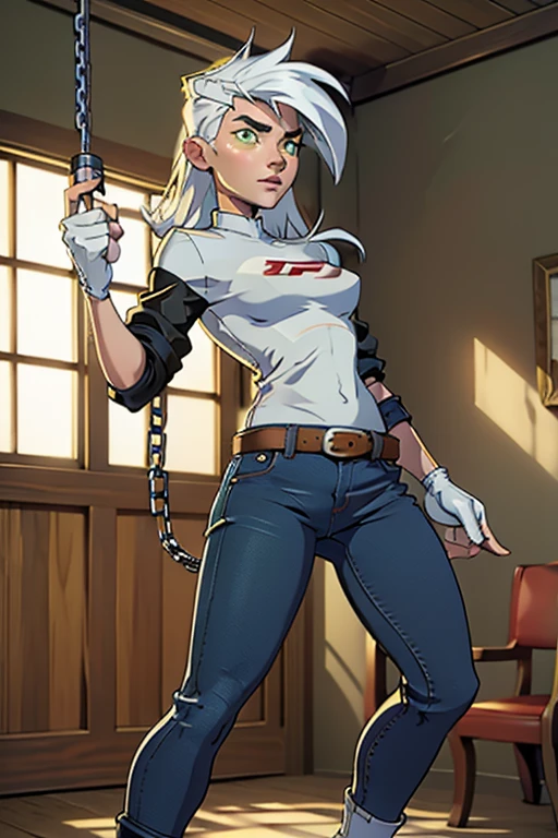 (masterpiece), best quality, green eyes, perfect face, highres, 1girl, solo, (female:1.5), cute, white hair, long hair, white fingerless gloves, black t shirt, leather jacket, jeans, indoors, , dancing around chains whip, holding chains whip, cowboy shot, looking at the viewer, fullbody shot, long boots, ninja style, attack pose
