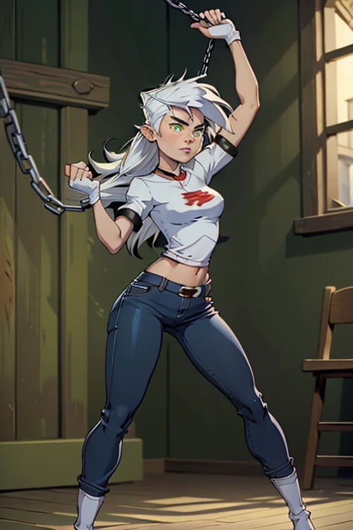 (masterpiece), best quality, green eyes, perfect face, highres, 1girl, solo, (female:1.5), cute, white hair, long hair, white fingerless gloves, black t shirt, leather jacket, jeans, indoors, , dancing around chains whip, holding chains whip, cowboy shot, looking at the viewer, fullbody shot, long boots, ninja style, attack pose
