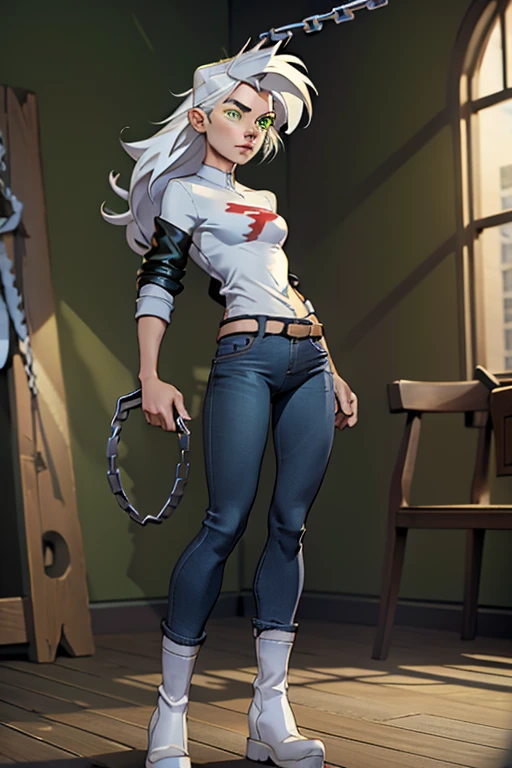 (masterpiece), best quality, green eyes, perfect face, highres, 1girl, solo, (female:1.5), cute, white hair, long hair, white fingerless gloves, black t shirt, leather jacket, jeans, indoors, , dancing around chains whip, holding chains whip, cowboy shot, looking at the viewer, fullbody shot, long boots, ninja style, attack pose
