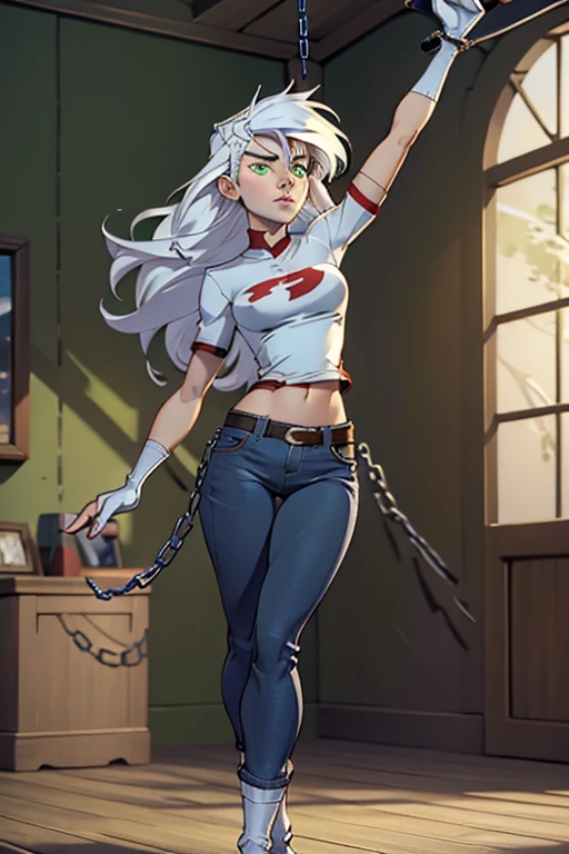 (masterpiece), best quality, green eyes, perfect face, highres, 1girl, solo, (female:1.5), cute, white hair, long hair, white fingerless gloves, black t shirt, leather jacket, jeans, indoors, , dancing around chains whip, holding chains whip, cowboy shot, looking at the viewer, fullbody shot, long boots, ninja style, attack pose
