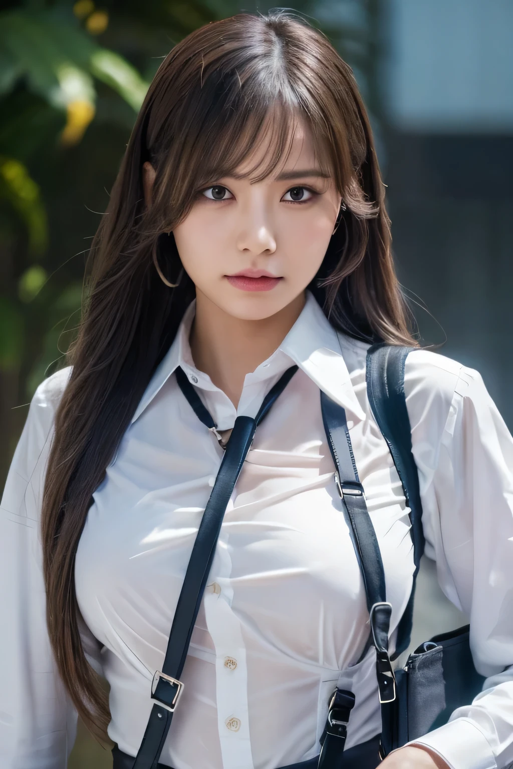 a woman in a suit, belt, hands behind back, sweating, suspenders, black pants, sexly, large breasts, see-through clothing, rain, detective, office worker, white button-up shirt, (best quality,4K,8k,highres,masterpiece:1.2),ultra-detailed,(realistic,photorealistic,photo-realistic:1.37),hyper-detailed,highly detailed face and body, Slender　thin　suspenders　Moderate breasts　See-through shirt　Nipples　holster　chain　Pistol　Armament　criminal　Female criminal　knife