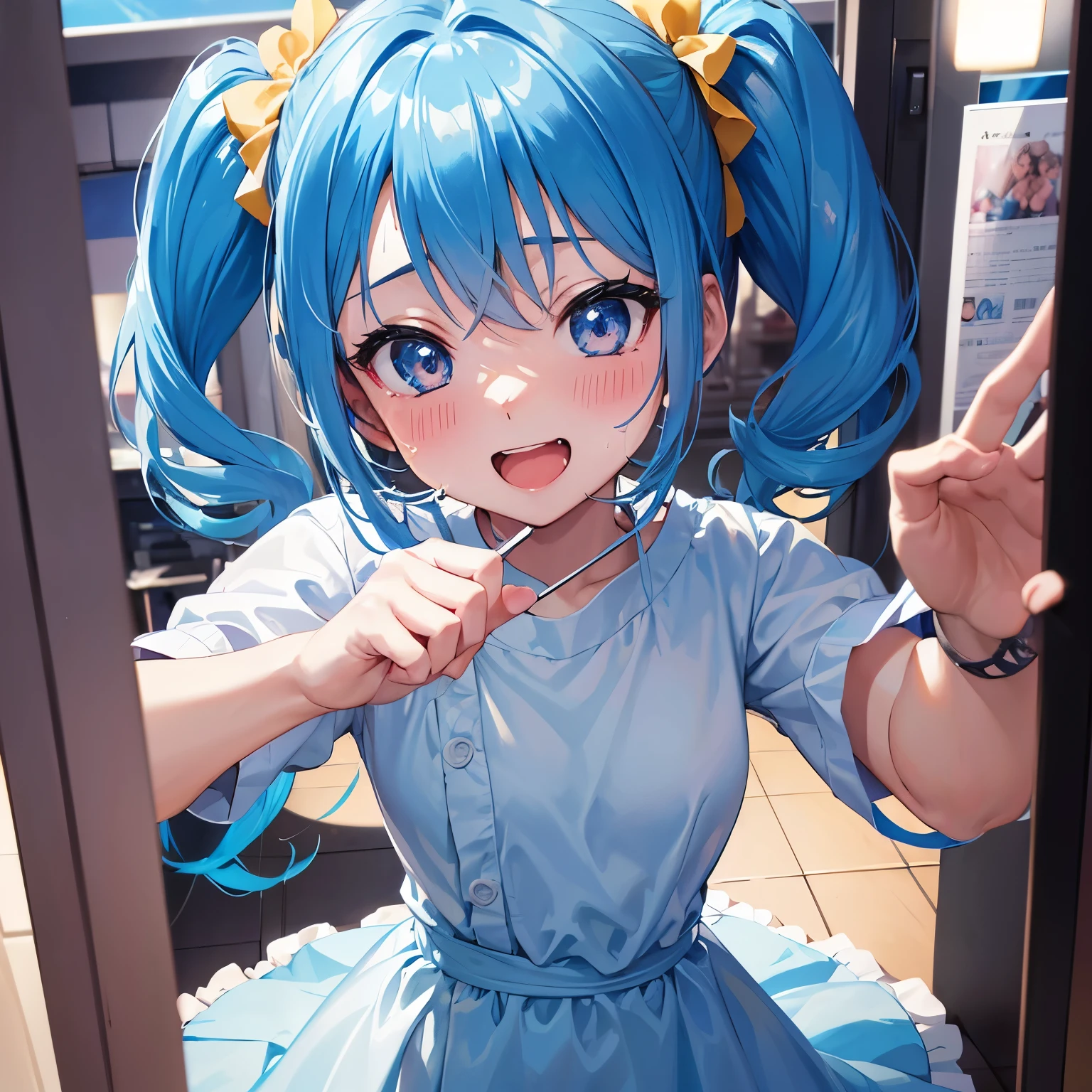 (((anime-style cute face))),(((One Woman))),(((Blue twin tails))),Highest quality, (Sharp details), (8k, RAW Photos, Highest quality, masterpiece), (extremely detailed 8k wallpaper),Professional Lighting,Sharp focus, Depth of written boundary、Ticker,(((Face close-up)))、(looking at the camera),((Happy face))、Very big eyes、((anatomically correct body))、Big thighs、Light from the front、The face is bright、Hospital corridor、Healthy small breasts、Slightly muscular、(Convenience store clerk costume)、(Sports sneakers)、(Lewd)、Side Shot、lure、Lots of sweat、Accentuate your body lines、A little frill