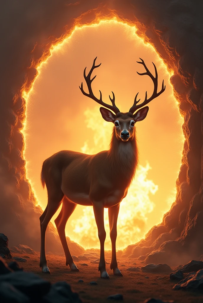 A deer in the portal see the wildfire outside portal