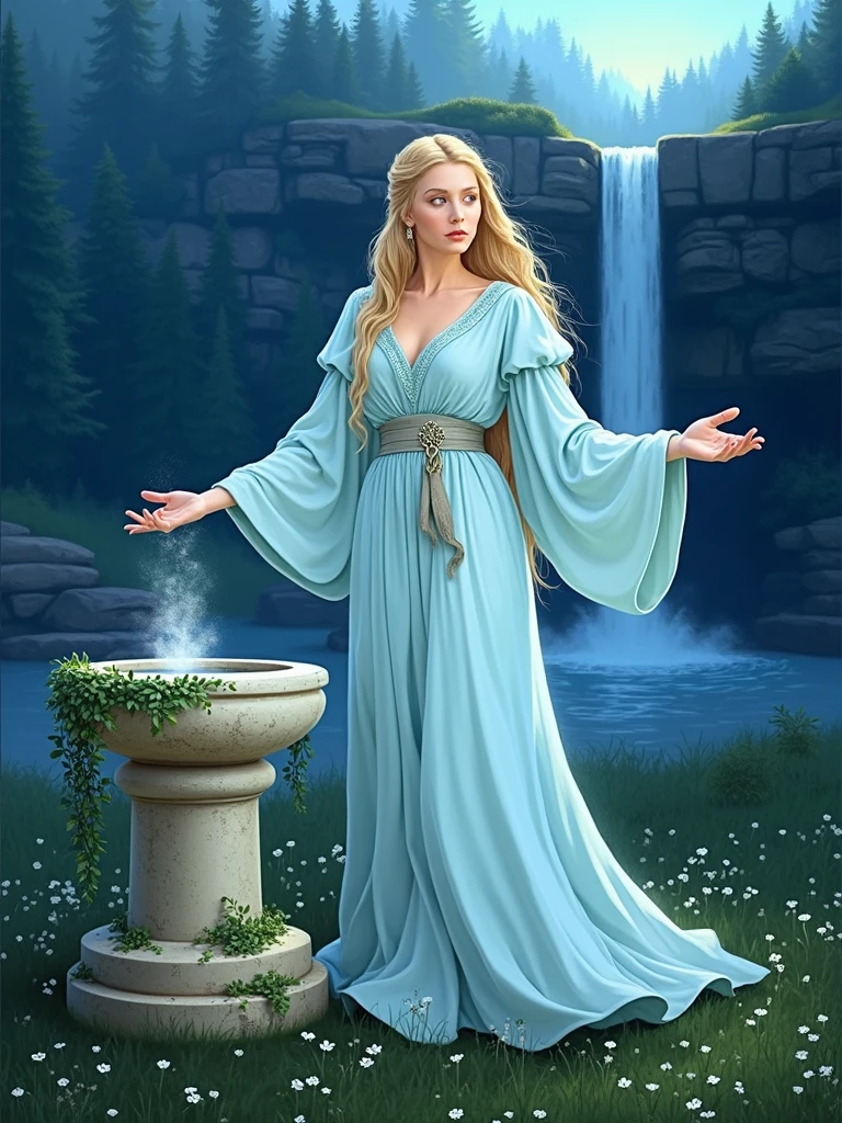 image portrays a tranquil, ethereal scene centered around a serene woman standing gracefully in a mystical, forested environment. She is dressed in a flowing, pale blue gown made of a soft, delicate fabric that drapes elegantly over her form, with wide, billowing sleeves that add to her regal and otherworldly presence. Her long, golden-blonde hair cascades in loose, wavy strands down past her waist, catching the soft, cool light that bathes the entire scene, likely from the moon or a twilight sky, giving her an almost luminous aura. Her calm, poised expression and the gentle extension of her arms suggest she is engaged in a quiet ritual or magical act, as one hand hovers over a shallow basin on a weathered stone pedestal beside her. The pedestal, aged and cracked, is partially covered in creeping vines with small green leaves, grounding the scene in nature. From the basin rises a thin, wispy mist, hinting at something warm or enchanted within, further adding to the mystical atmosphere. Surrounding her is a lush, verdant landscape with soft grass underfoot, dotted with small white flowers that add a touch of purity to the scene. In the background, a tall, multi-tiered waterfall flows gently down rocky ledges, its mist merging with the ambient glow to create a dreamlike, peaceful setting. The waterfall is framed by dark, shadowy trees and dense foliage, painted in deep, muted blues and greens, which enhance the sense of seclusion and serenity. The entire scene is unified by a harmonious blend of cool tones, with the soft blues of the environment contrasting subtly with the warm, golden hues of her hair and belt, creating a tranquil, almost otherworldly atmosphere that evokes a sense of calm and timeless beauty she is galadriel from middle earth so she is tall and fair