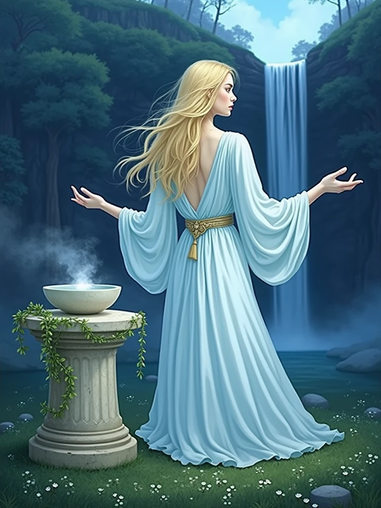 image portrays a tranquil, ethereal scene centered around a serene woman standing gracefully in a mystical, forested environment. She is dressed in a flowing, pale blue gown made of a soft, delicate fabric that drapes elegantly over her form, with wide, billowing sleeves that add to her regal and otherworldly presence. Her long, golden-blonde hair cascades in loose, wavy strands down past her waist, catching the soft, cool light that bathes the entire scene, likely from the moon or a twilight sky, giving her an almost luminous aura. Her calm, poised expression and the gentle extension of her arms suggest she is engaged in a quiet ritual or magical act, as one hand hovers over a shallow basin on a weathered stone pedestal beside her. The pedestal, aged and cracked, is partially covered in creeping vines with small green leaves, grounding the scene in nature. From the basin rises a thin, wispy mist, hinting at something warm or enchanted within, further adding to the mystical atmosphere. Surrounding her is a lush, verdant landscape with soft grass underfoot, dotted with small white flowers that add a touch of purity to the scene. In the background, a tall, multi-tiered waterfall flows gently down rocky ledges, its mist merging with the ambient glow to create a dreamlike, peaceful setting. The waterfall is framed by dark, shadowy trees and dense foliage, painted in deep, muted blues and greens, which enhance the sense of seclusion and serenity. The entire scene is unified by a harmonious blend of cool tones, with the soft blues of the environment contrasting subtly with the warm, golden hues of her hair and belt, creating a tranquil, almost otherworldly atmosphere that evokes a sense of calm and timeless beauty she is galadriel from middle earth so she is tall and fair