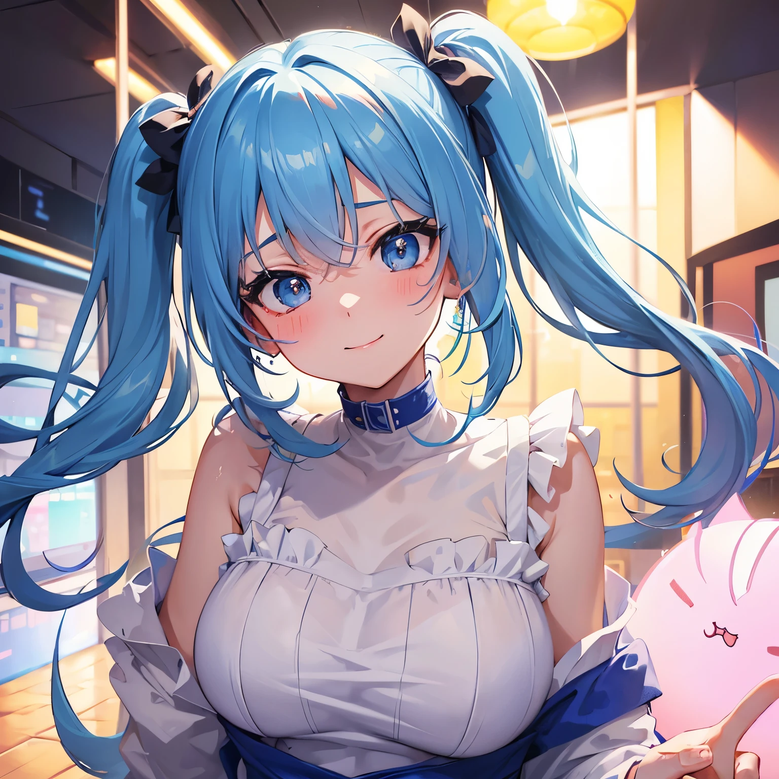 (((anime-style cute face))),(((One Woman))),(((Blue twin tails))),Highest quality, (Sharp details), (8k, RAW Photos, Highest quality, masterpiece), (extremely detailed 8k wallpaper),Professional Lighting,Sharp focus, Depth of written boundary、Ticker,(((Face close-up)))、(looking at the camera),((Happy face))、Very big eyes、((anatomically correct body))、Big thighs、Light from the front、The face is bright、Hospital corridor、Healthy small breasts、Slightly muscular、(Convenience store clerk costume)、(Sports sneakers)、(Lewd)、Side Shot、lure、Lots of sweat、Accentuate your body lines、A little frill