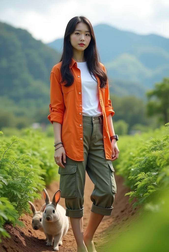 Beautiful white Korean girl. Well-groomed face, black hair tied up, orange shirt, white t-shirt, knee-length cropped cargo pants, cool watch, posing in a carrot field, rabbits running around in the carrot field, very exotic green mountain background, original photo, realistic