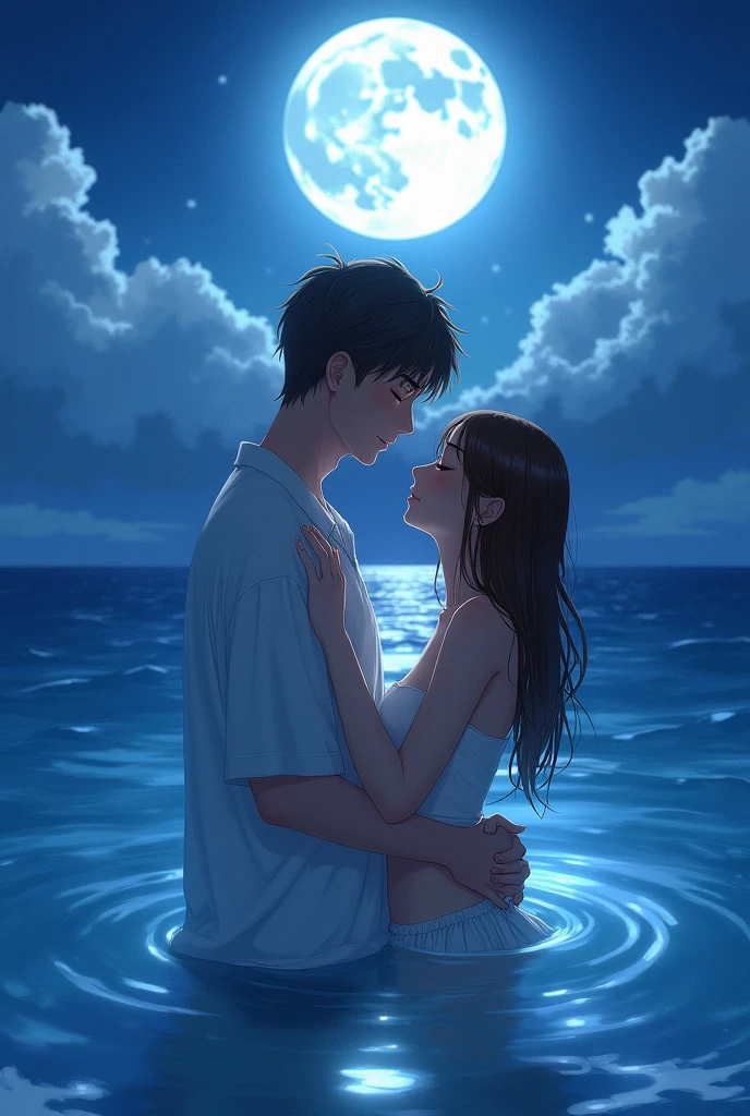 Create a anime style landscape image. Digital artwork featuring a romantic scene of a couple embracing in the ocean under a full moon. The style is highly detailed and realistic, with a soft, ethereal glow illuminating the subjects. The man and woman are waist-deep in the water, with the moonlight casting a serene, blue hue over the scene. The man has short, tousled brown hair and a light skin tone, wearing a white, wet shirt that clings to his body. The woman has long, wet brown hair and a light skin tone, with her eyes closed and a peaceful expression on her face. The background showcases a calm ocean with gentle waves and a cloudy night sky, dominated by a large, bright full moon. The overall mood is intimate and tranquil, capturing a moment of tender connection between the couple.