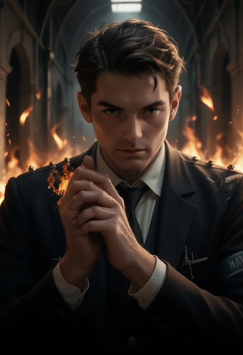 A portrait of a handsome of sks person, post apocalyptic winged firemancer, intricate, elegant, highly detailed, digital painting, artstation, concept art, smooth, sharp focus, illustration, art by Krenz Cushart and Artem Demura and alphonse mucha, ((fire in hands))
