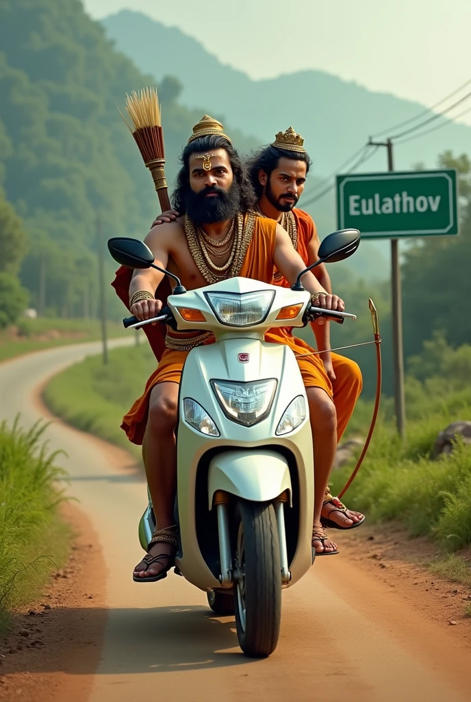  mahabharath characters lord Bheema and lord arjun is riding in a honda Activa scooter in a village. Arjun's holding Bheema's mace and Arjun's Bow and arrow .Village name is Kulathoor mentioned in a green road sign board . 