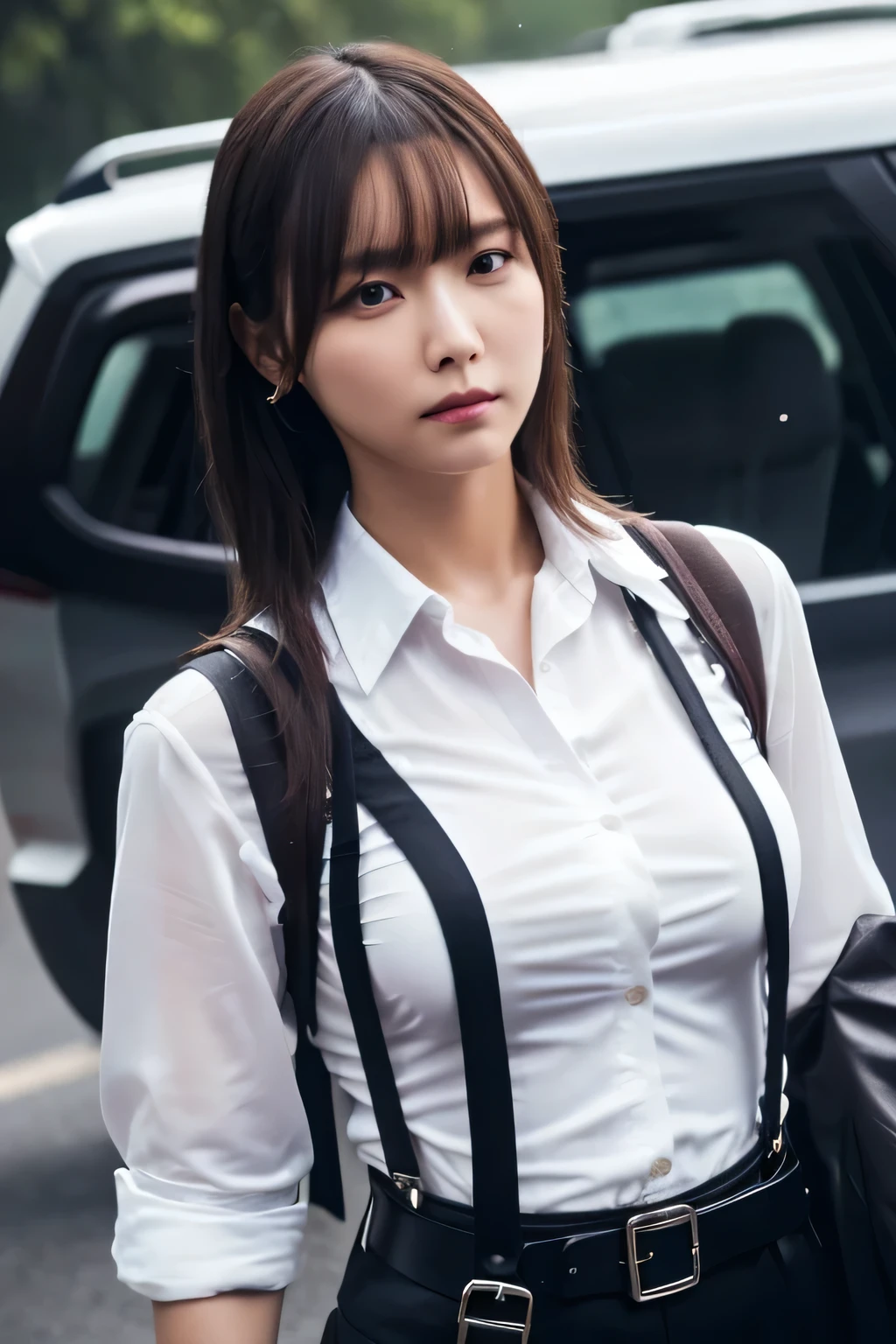 a woman in a suit, belt, hands behind back, sweating, suspenders, black pants, sexly, large breasts, see-through clothing, rain, detective, office worker, white button-up shirt, (best quality,4K,8k,highres,masterpiece:1.2),ultra-detailed,(realistic,photorealistic,photo-realistic:1.37),hyper-detailed,highly detailed face and body, Slender thin suspenders Moderate breasts See-through shirt Nipples holster chain Pistol Armament criminal Female criminal knife
