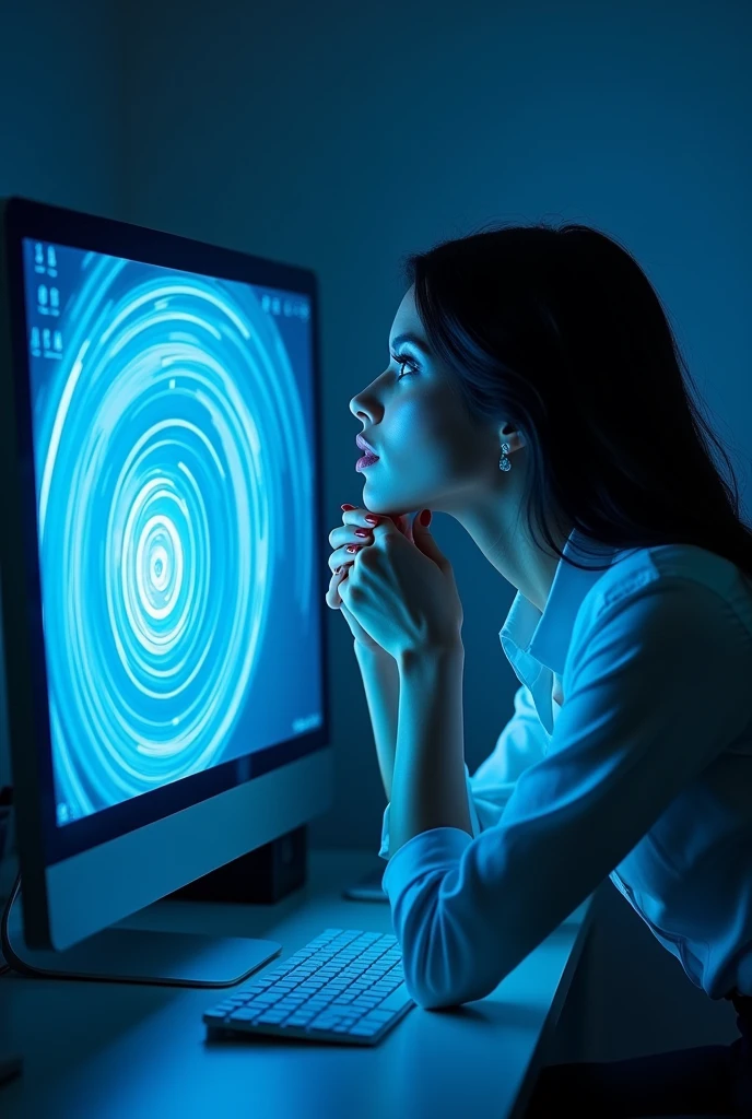 A sexy beautiful girls, white shirt, pencil skirt, work in office and look the screen of computers and her computer screen displayed a hypnotic glowing blue spiral and the woman's eyes appeared blue spirals as she looked at her computer screen and her became very hypnotized while looking at his computer screen and her was deeply hypnotized and his eyes turned into blue spirals then his face got closer to the screen then his face got closer to his screen with his eyes becoming blue spirals then he was very fascinated by the screen then her was so fascinated by the screen that her kissed the computer screen with his eyes turning into blue spirals until her droolled her was crazy about the blue spiral and her stood up from his chair and bent over while looking at his computer screen, the sexy woman's hand was holding the computer screen the (her prostrated himself in front of his computer screen) computer in the middle, sexy women are hypnotized and worship him, This sexy woman's stand up